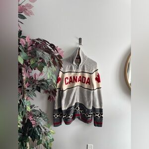 Hudson Bay lambswool Canada Knit Zip-Up Sweater Jacket - Gray/Cream/Red
